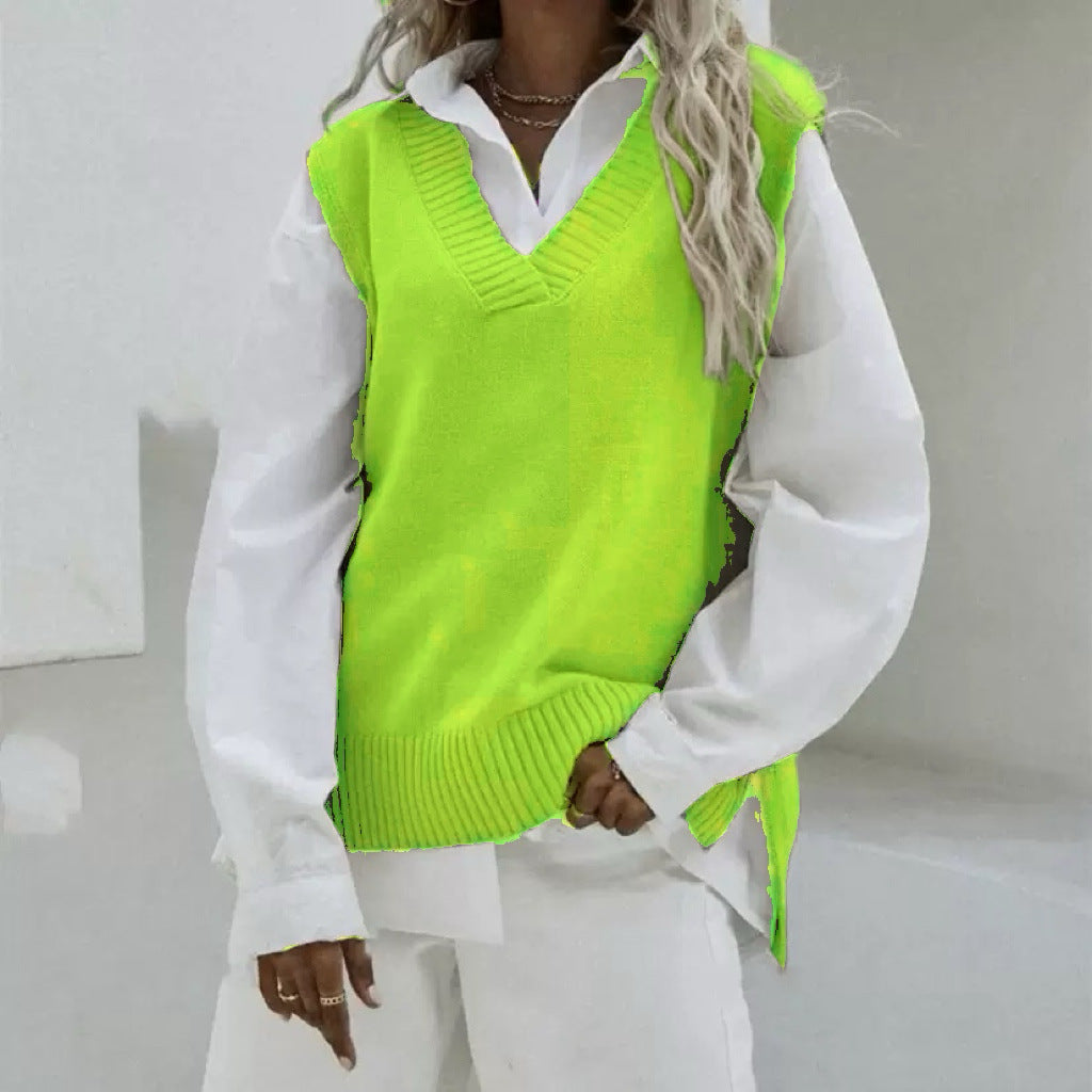 Damen Ärmellose Strickweste mit V-Ausschnitt und seitlichen Schlitzen Shop Nory
