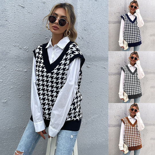 Damen Oversize Strickweste mit Hahnentrittmuster und V-Ausschnitt Shop Nory