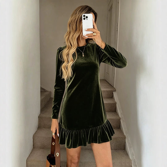Damen Samt-Minikleid mit langen Ärmeln gerafftem Volantsaum und Puffschultern Shop Nory