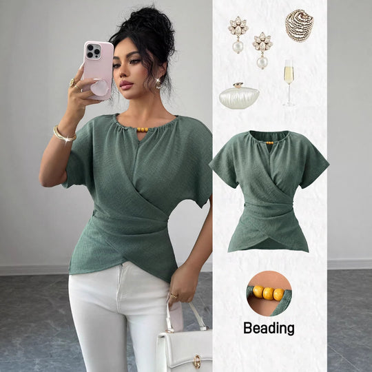 Damen Tailliertes Leinenoptik-Top mit Schlüsselöffnung, Perlen-Detail und Drapierung Shop Nory