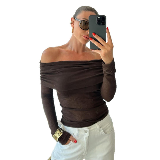 Damen nan schulterfreies Feinstrick-Longsleeve mit gerafftem Umschlagkragen und taillierter Passform Shop Nory