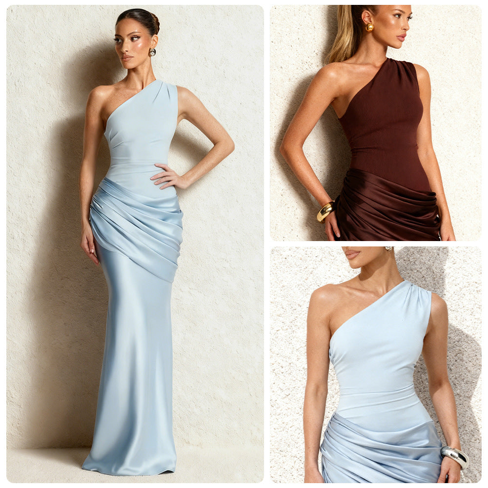 Damen Elegantes asymmetrisches Abendkleid mit fließendem Satin und raffiniertem Drapierungsdetail