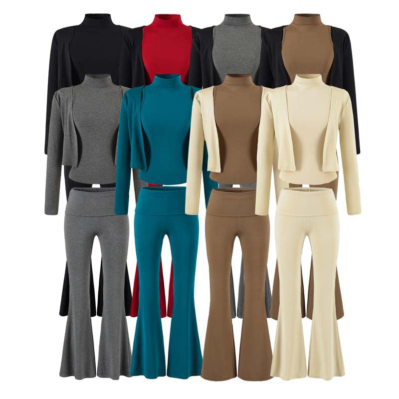 Damen Loungewear-Set mit Bolero, Rollkragen-Croptop und ausgestellter Schlaghose Shop Nory