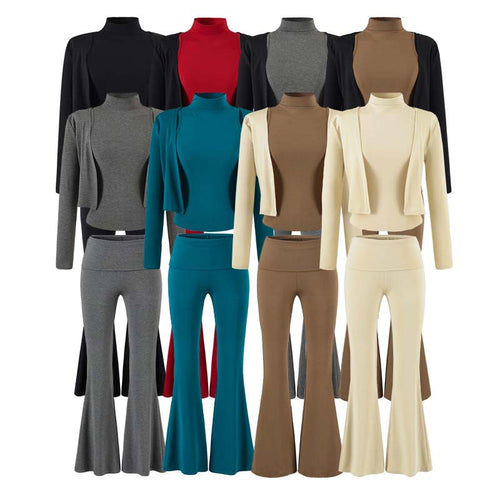Damen Loungewear-Set mit Bolero, Rollkragen-Croptop und ausgestellter Schlaghose Shop Nory