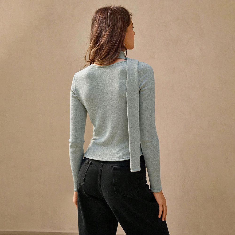 Damen geripptes Langarm-Cardigan-Top mit Knopfleiste, integrierter Schlauchschal und figurbetonter Passform Shop Nory