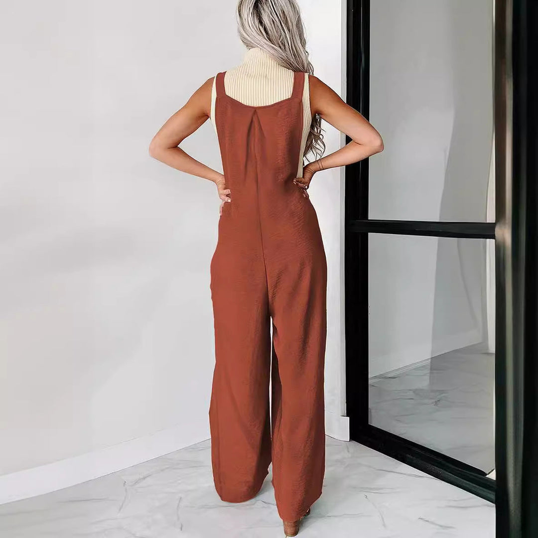 Damen lässiger Jumpsuit mit weit geschnittenem Bein und dekorativen Knopfdetails