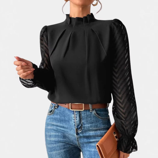 Damen Elegante Chiffonbluse mit Stehkragen, Faltenkante und transparenten Jacquard-Ärmeln Shop Nory