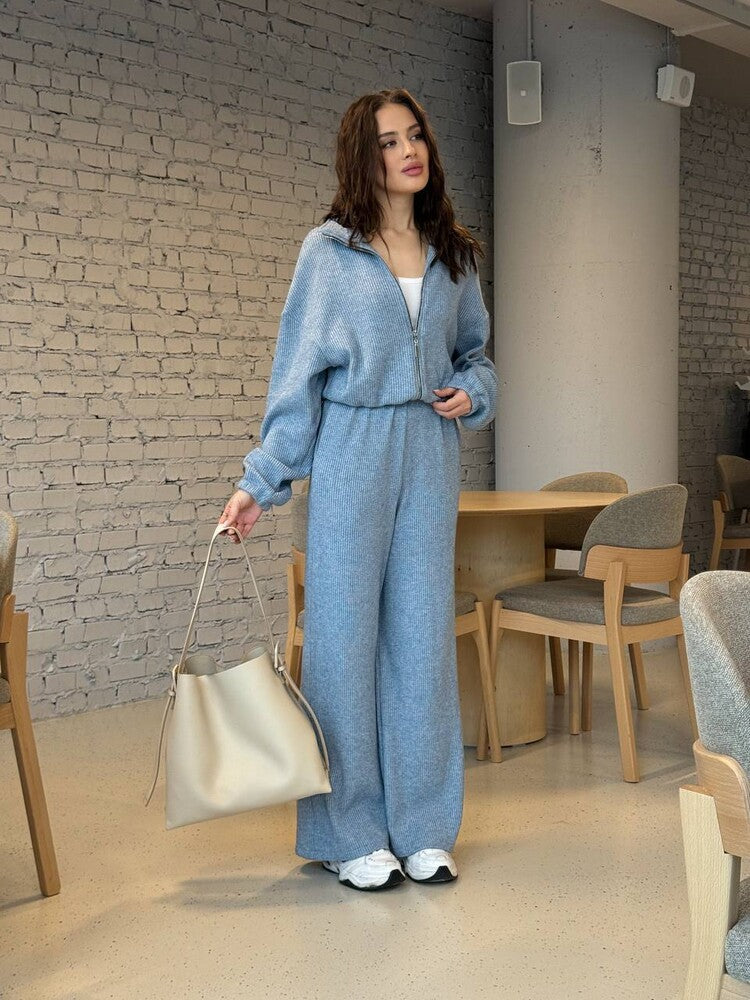 Damen gemütlicher Strick-Jumpsuit mit Reißverschluss, elastischem Taillenbund und weitem Bein Shop Nory
