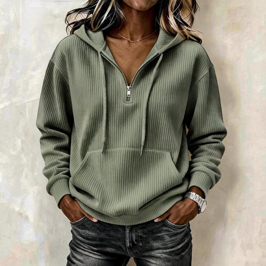 Damen lässiger Oversize Rippstrick-Kapuzenpullover mit halbem Reißverschluss Shop Nory