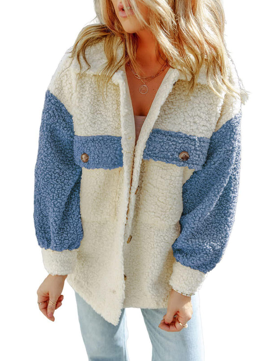 Damen nan oversized Teddy-Hemdjacke mit Kontraststreifen, aufgesetzten Brusttaschen und sichtbarer Knopfleiste Shop Nory