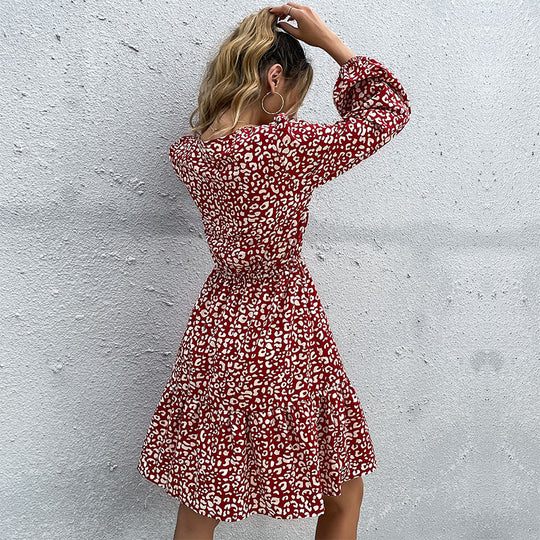 Damen Leoprint-Volantkleid mit Bindeschleife, Gummizugtaillen und langen Ärmeln Shop Nory