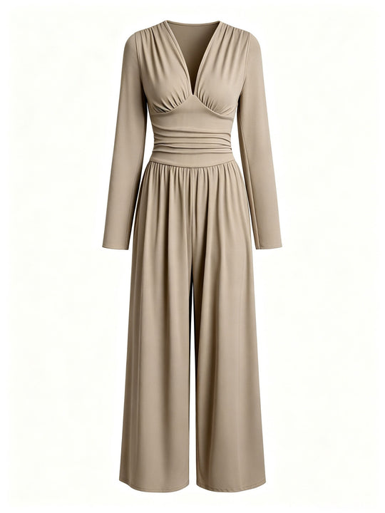 Damen Eleganter V‑Ausschnitt Jumpsuit mit tailliertem Wickelbund und weitem Hosenbein Shop Nory