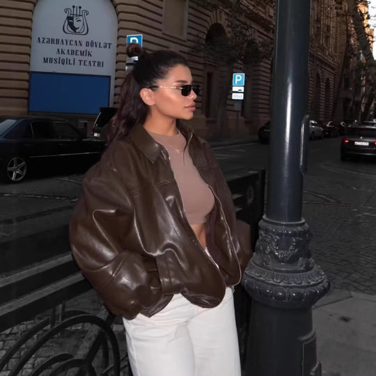 Damen nan oversized Lederjacke im Bomberstil mit Hemdkragen, durchgehendem Reißverschluss und lässiger Silhouette Shop Nory