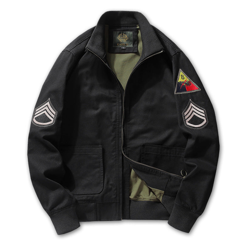 Herren Military-inspirierte Canvas-Bomberjacke mit Aufnähern, Stehkragen und Utility-Taschen Shop Nory