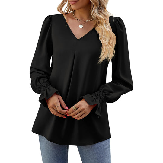 Damen V-Ausschnitt Bluse mit Kellerfalte und gerafften Manschetten Shop Nory