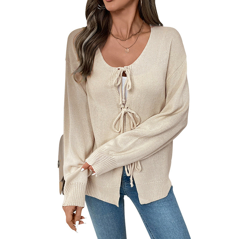 Damen Lässiger Strickpullover mit dreifacher Schnürfront, Rundhalsausschnitt und Oversize-Silhouette Shop Nory