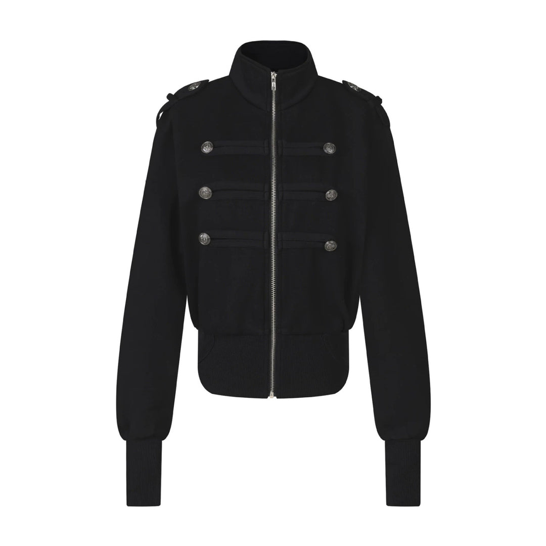 Damen Kurze Sweatjacke im Military‑Style mit Stehkragen und Zierpatten Shop Nory