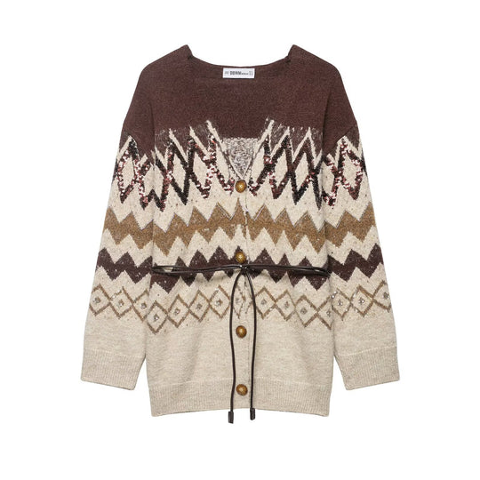Damen Strickcardigan mit Zickzack-Jacquard, Paillettenbesatz und Taillengürtel Shop Nory