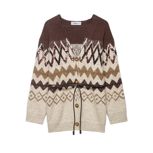 Damen Strickcardigan mit Zickzack-Jacquard, Paillettenbesatz und Taillengürtel Shop Nory