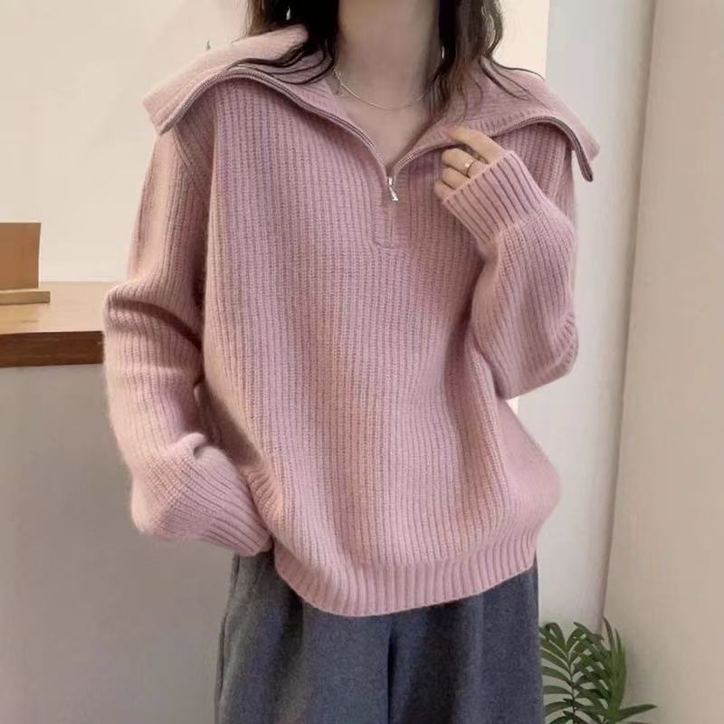Damen Leichter Strickpullover mit hohem Kragen und Reißverschluss
