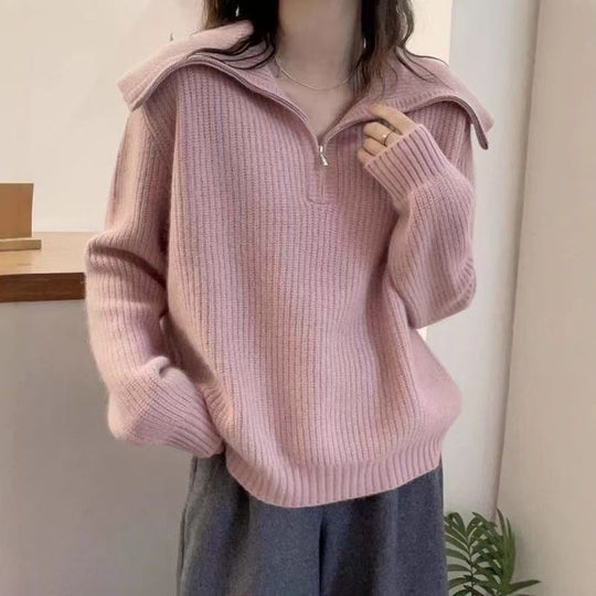 Damen Leichter Strickpullover mit hohem Kragen und Reißverschluss
