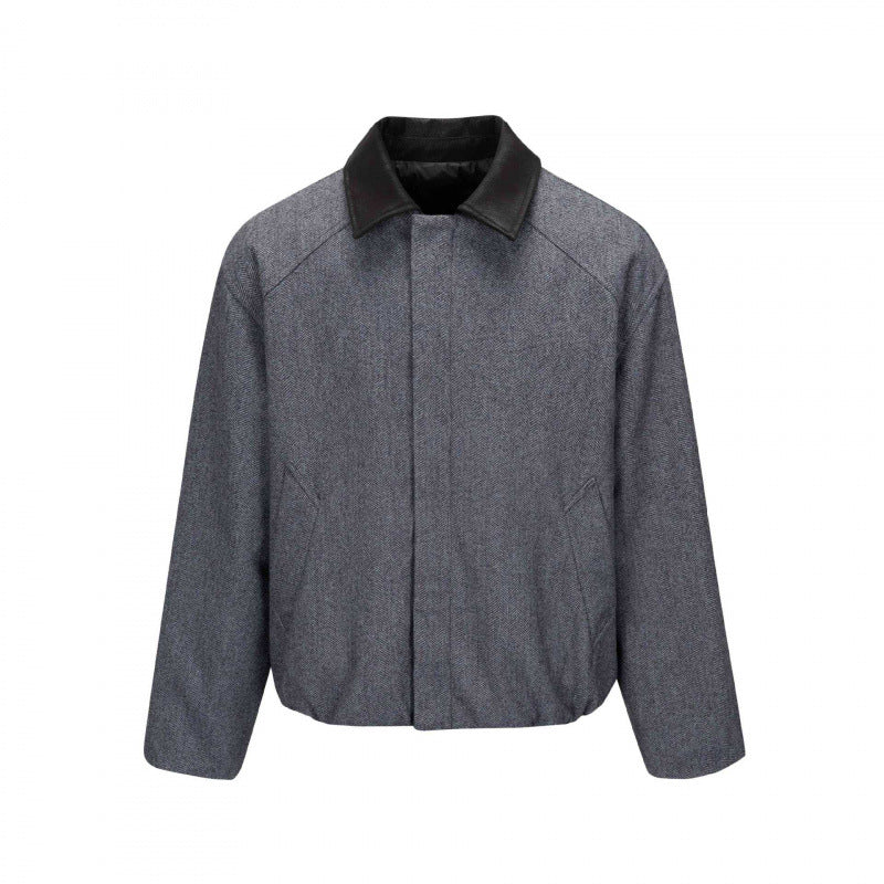 Herren Kurzblouson im Fischgrät-Wollmix mit Lederkragen und verdeckter Verschluss Shop Nory