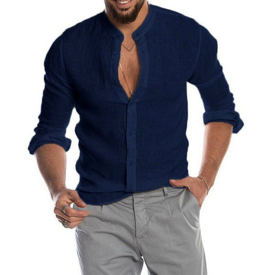 Herren nan Leinenhemd mit Stehkragen, durchgehender Knopfleiste und legerer Slim-Fit-Passform