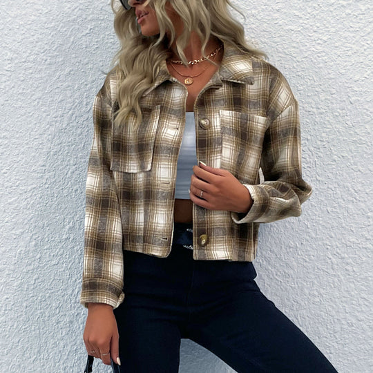 Damen Karierte Kurzgeschnittene Übergangsjacke mit Hemdkragen Shop Nory