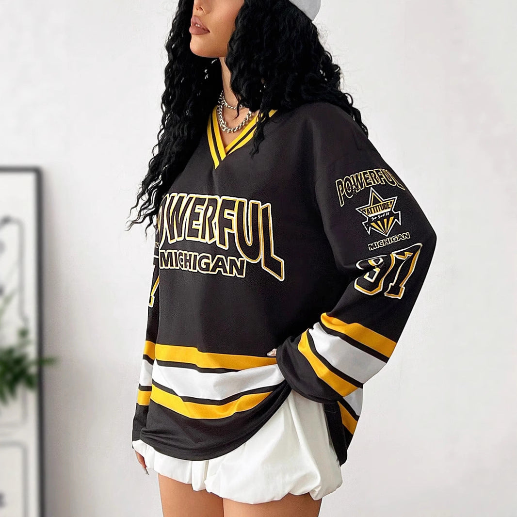 Damen Lässiges Oversized-Sweatshirt im Hockey-Look mit V-Ausschnitt und Blockstreifen Shop Nory