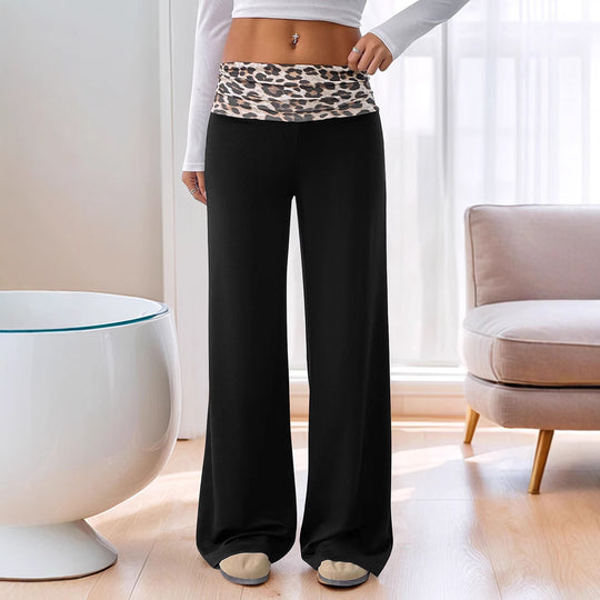 Damen Weite Loungewear‑Hose mit umgeschlagenem Leopardenbund und hoher Taille Shop Nory