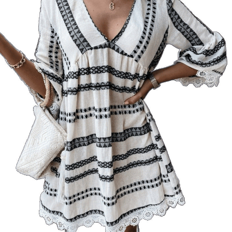 Damen Bohemian-Stil Schlagärmel Mini Kleid