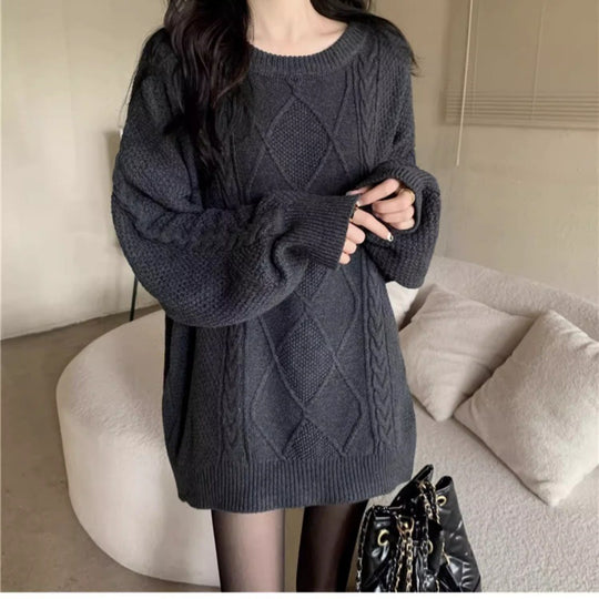 Damen Oversize Zopfmuster-Longpullover mit Rundhals und Ballonärmeln Shop Nory