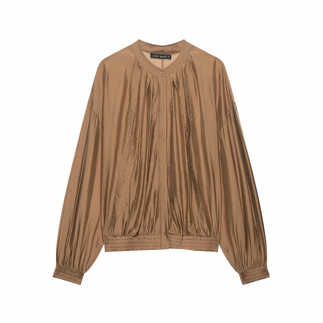 Damen Plissierte Satin-Cropped-Bluse mit Ballonärmeln und gerafftem Gummibund Shop Nory