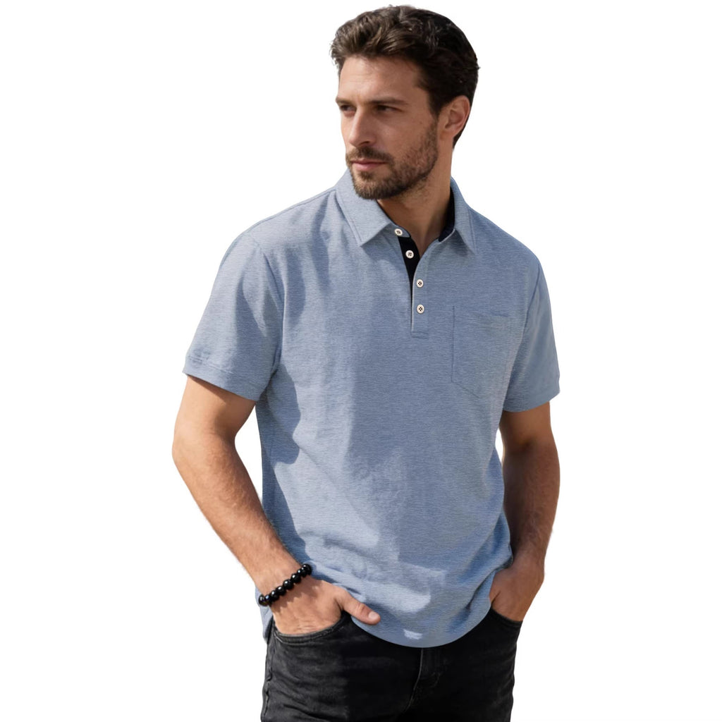Herren nan Kurzarm-Polokragen-Shirt aus texturiertem Jersey mit Brusttasche und kontrastierter Knopfleiste