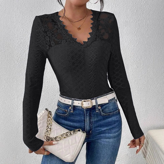 Damen nan figurbetontes Spitzen-Langarmshirt mit gezacktem V-Ausschnitt