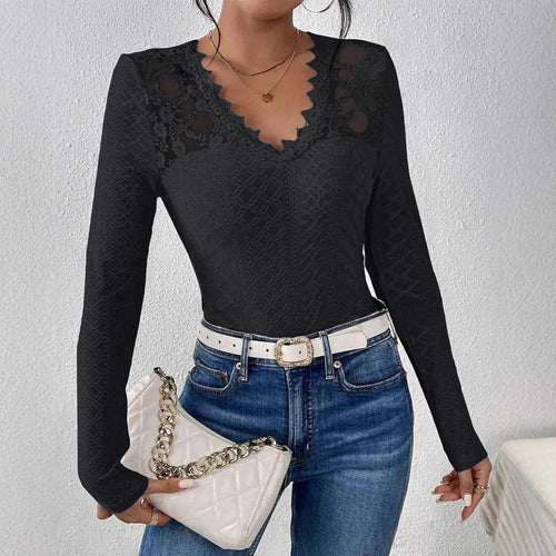Damen nan figurbetontes Spitzen-Langarmshirt mit gezacktem V-Ausschnitt
