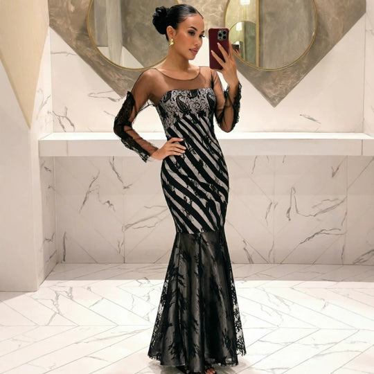 Damen Abendkleid Meerjungfrau‑Schnitt mit transparenten Ärmeln und Spitzenbesatz Shop Nory