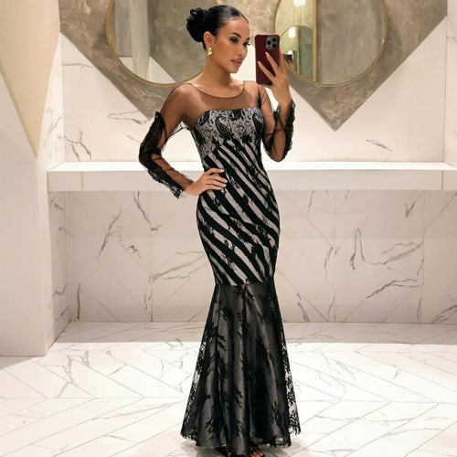Damen Abendkleid Meerjungfrau‑Schnitt mit transparenten Ärmeln und Spitzenbesatz Shop Nory