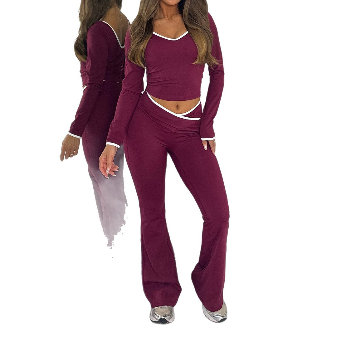 Damen nan figurbetontes Longsleeve-Croptop und ausgestelltes High Waist Schlaghosenset Shop Nory