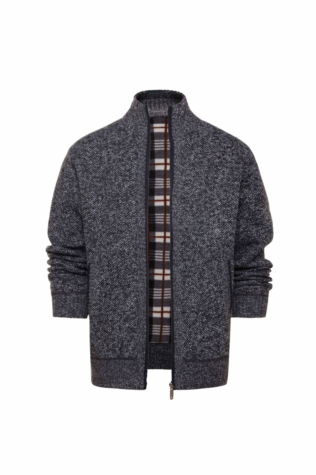 Herren gebürstete Strickjacke mit kariertem Thermofutter und Stehkragen Shop Nory
