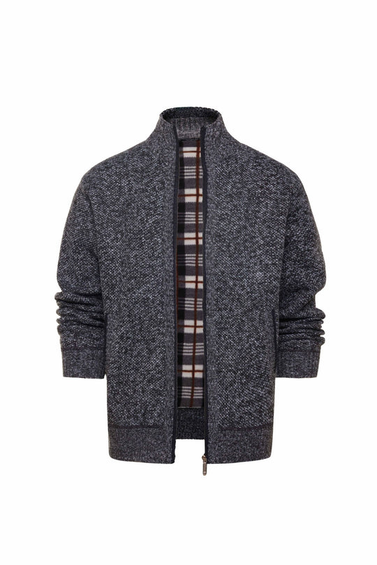 Herren gebürstete Strickjacke mit kariertem Thermofutter und Stehkragen Shop Nory
