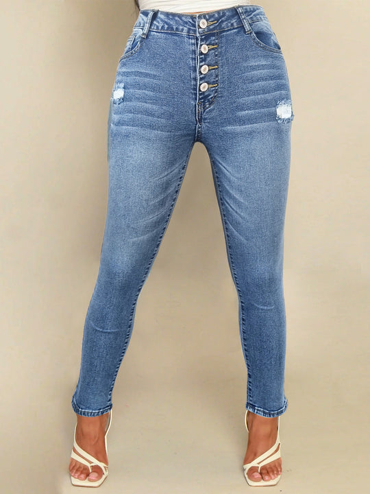 Damen Hochtaillierte Sculpting-Skinny-Jeans mit sichtbarer Knopfleiste und dezentem Destroyed-Detail Shop Nory
