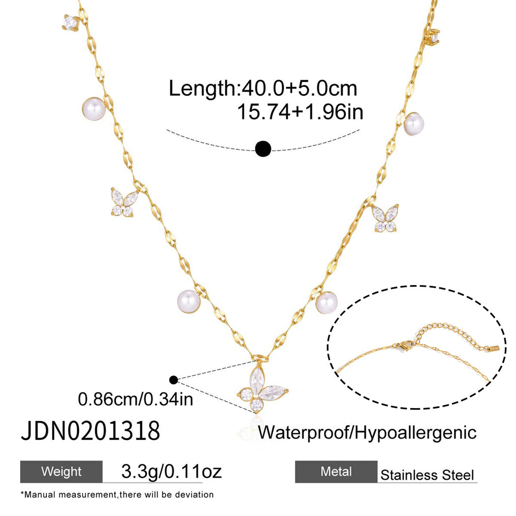 Damen Halskette mit eleganten Perlen und glitzernden Schmetterlingsanhängern Shop Nory