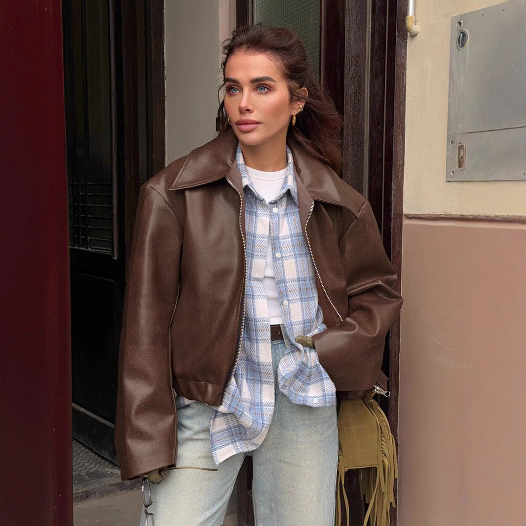 Damen Kurze Oversize Kunstlederjacke mit Hemdkragen und elastischem Saum Shop Nory