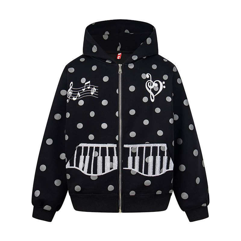Damen Kapuzen-Sweatjacke im Retro-Punkte-Look mit gestickten Klavier-Taschen und Noten-Emblem Shop Nory