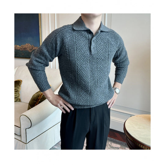 Herren Polokragen-Zopfstrick-Pullover mit halber Knopfleiste Shop Nory