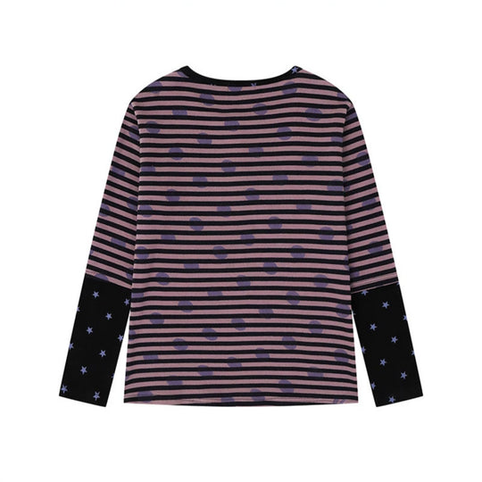 Damen Gestreiftes Henley-Langarmshirt mit Kontrastärmeln, Sternprint und Zierstein-Motiven Shop Nory