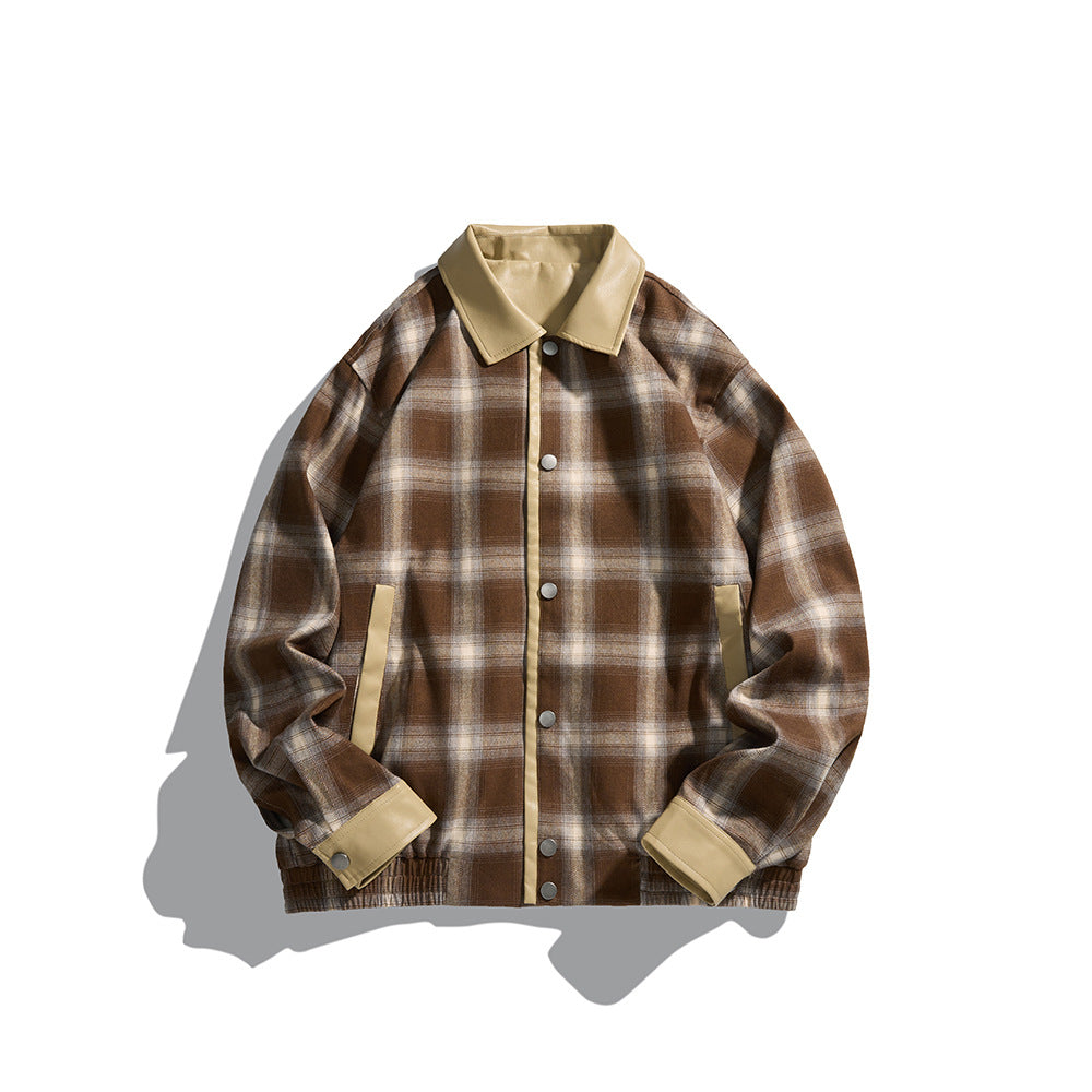 Herren Karierte Overshirt‑Jacke aus Flanell mit Kunstleder‑Details und Druckknopfleiste Shop Nory