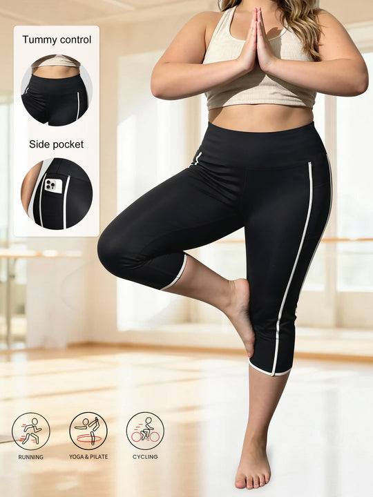 Damen Capri-Sportleggings mit hoher Taille, Bauchkontrolle und seitlicher Smartphone-Tasche Shopy Nory
