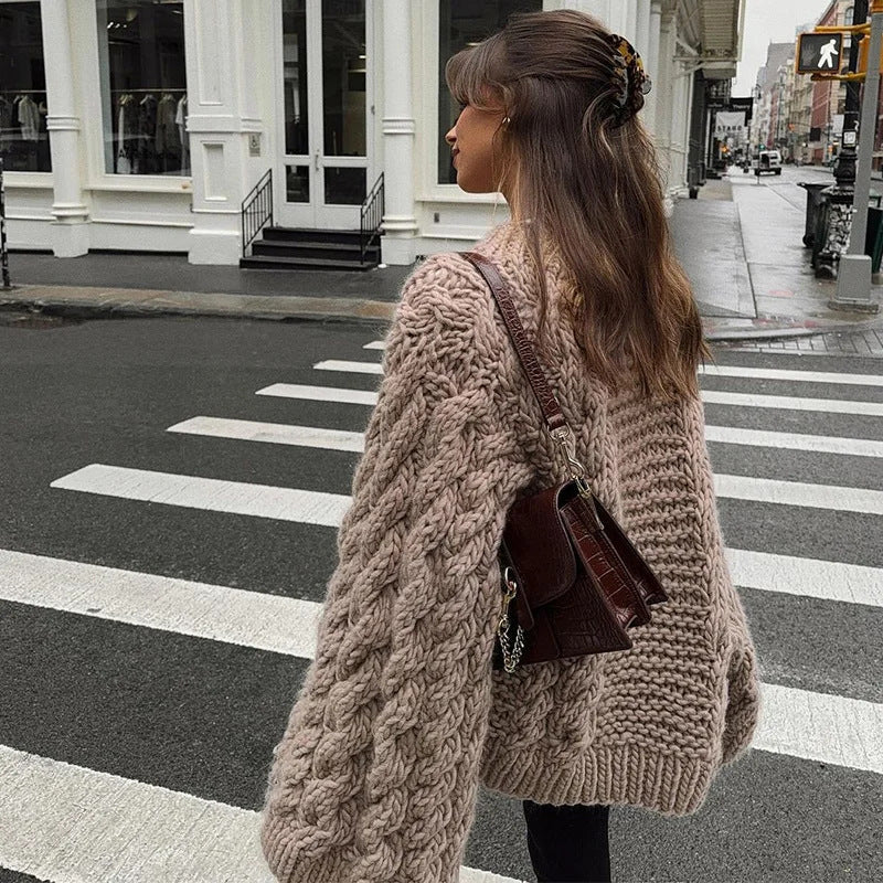 Damen Oversized Strickpullover mit strukturiertem Zopfdesign